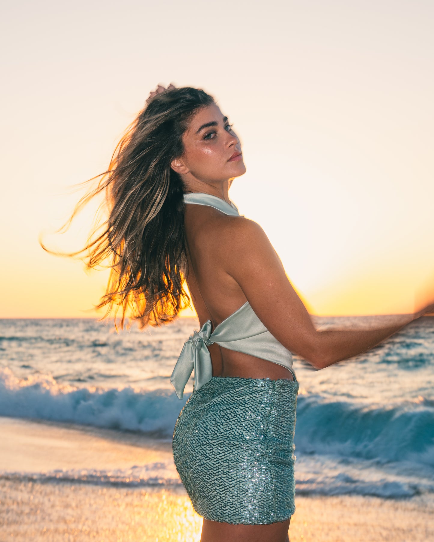 'Reflet' Satin Top in Turquoise